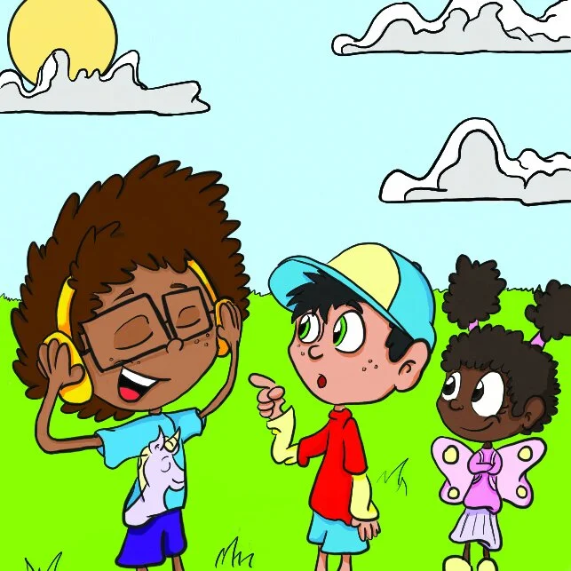 Buster listens to music as his friends point to him